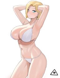 Rule 34 | 1girl, android 18, armpits, bikini, blonde hair, blue eyes, breasts, dragon ball, dragon ball super, earrings, jewelry, large breasts, medium bangs, sexually suggestive, short hair, solo, swimsuit