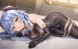 Rule 34 | 1girl, bare shoulders, bell, black gloves, blue hair, blush, bodystocking, breasts, commentary request, covered erect nipples, cowbell, detached collar, elbow gloves, ganyu (genshin impact), genshin impact, gloves, goat horns, horns, impossible clothes, indoors, koyuki (kotatsu358), large breasts, looking at viewer, lying, on bed, on side, open mouth, purple eyes, solo, window