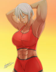 Rule 34 | 1girl, abs, absurdres, armpits, arms behind head, arms up, breasts, butterjar, clenched teeth, dark-skinned female, dark skin, dated, gradient background, hair tie, hair tie in mouth, highres, large breasts, midriff, mouth hold, muscular, muscular female, navel, original, ponytail, short ponytail, signature, simple background, skin tight, solo, sweat, teeth, tying hair, upper body, white hair, yellow eyes