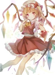 Rule 34 | 1girl, apple, ascot, blonde hair, bobby socks, bow, crystal, flandre scarlet, food, fruit, hat, hat bow, hat ribbon, looking at viewer, mob cap, puffy short sleeves, puffy sleeves, red eyes, ribbon, short sleeves, side ponytail, simple background, skirt, skirt set, smile, socks, solo, torino aqua, touhou, white background, wings