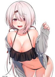 Rule 34 | 1girl, :d, absurdres, bare shoulders, bent over, bikini, bikini under clothes, black bikini, blush, breasts, cleavage, collarbone, commentary request, cowboy shot, drawstring, grey jacket, hair ornament, hair over one eye, hairclip, highres, jacket, kujou (akn2 0928), large breasts, long hair, long sleeves, navel, nijisanji, off shoulder, open clothes, open jacket, open mouth, purple eyes, shiina yuika, short hair, silver hair, simple background, sleeves past wrists, smile, solo, swimsuit, twitter username, very long hair, virtual youtuber, white background
