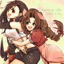 Rule 34 | 10s, 1990s (style), 2015, 2girls, :d, aerith gainsborough, black hair, bow, breasts, brown hair, character name, cleavage, dated, drill hair, earrings, final fantasy, final fantasy vii, green eyes, hair bow, heart, hug, hug from behind, jewelry, long hair, low-tied long hair, miniskirt, multiple girls, open mouth, ponytail, red eyes, retro artstyle, skirt, smile, suspenders, tifa lockhart, very long hair, yadoso