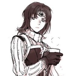 Rule 34 | 1girl, circlet, closed mouth, cup, gensou suikoden, gensou suikoden v, gloves, greyscale, holding, holding cup, long hair, looking at viewer, lorelai (suikoden), mikisato, monochrome, simple background, solo, sweater, turtleneck, turtleneck sweater, white background