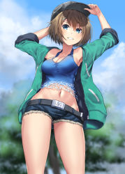 Rule 34 | 1girl, alternate costume, aqua jacket, baseball cap, black hat, blue eyes, blue shorts, blush, breasts, brown hair, cleavage, collarbone, denim, denim shorts, feet out of frame, grin, groin, hair between eyes, hair ornament, hat, highres, jacket, kantai collection, large breasts, maya (kancolle), navel, open clothes, open jacket, short hair, short shorts, shorts, smile, solo, x hair ornament, zombie mogura