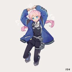 Rule 34 | 1girl, arknights, black pantyhose, black shorts, black vest, blue eyes, blue jacket, blue poison (arknights), blush, collared shirt, commentary, full body, grey background, grey footwear, heart arms, highres, jacket, jumping, long hair, looking at viewer, numbered, open mouth, pantyhose, pink hair, pouch, ruri (dailybloopy), shirt, shorts, simple background, smile, solo, symbol-only commentary, vest, white shirt