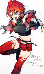 Rule 34 | 1girl, absurdres, bare shoulders, black footwear, breasts, character request, commentary request, commission, copyright request, cropped jacket, fangs, hair between eyes, highres, looking at viewer, midriff, navel, open mouth, purple eyes, red hair, red shorts, shadow, shoes, short hair, short shorts, shorts, simple background, skeb commission, st (youx1119), stomach, teeth, thighhighs, thighs, tongue, torn clothes, torn thighhighs, translation request, white background