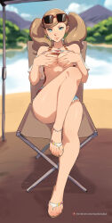 Rule 34 | 1girl, blonde hair, breasts, covering breasts, covering privates, flip-flops, grabbing, grabbing another&#039;s breast, highres, looking at viewer, medium breasts, persona, persona 5, persona 5 scramble: the phantom strikers, sandals, sitting, squeezable (squeezabledraws), sunglasses on head, takamaki anne, twintails