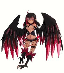 Rule 34 | 1girl, alternate color, alternate design, alternate skin color, bare shoulders, bird legs, black feathers, black hair, black wings, blush, breasts, colored inner hair, commentary, dark-skinned female, dark skin, earrings, english commentary, feathered wings, feathers, fishnet pantyhose, fishnets, harpy, highres, lightning bolt earrings, lightning bolt symbol, looking at viewer, midriff, monster girl, monster girl encyclopedia, monster girl encyclopedia ii, multicolored hair, navel, nuggets (cokekock), original, pantyhose, pink eyes, pointy ears, red feathers, red hair, red wings, short shorts, shorts, simple background, small breasts, solo, talons, thunderbird (monster girl encyclopedia), two-tone hair, two-tone wings, white background, winged arms, wings