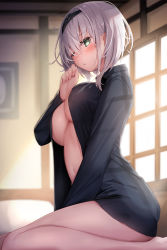 Rule 34 | 1girl, black shirt, blurry, breasts, cleavage, depth of field, green eyes, hairband, hand up, highres, hololive, indoors, large breasts, long sleeves, looking at viewer, naked shirt, no bra, one eye closed, open clothes, open shirt, reinama, shirogane noel, shirt, short hair, sitting, solo, thighs, virtual youtuber, white hair