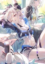 Rule 34 | 2girls, absurdres, arms up, black jacket, black shorts, caisena, candy, character doll, crop top, firefly (honkai: star rail), fishnets, food, food in mouth, grey eyes, grey hair, hair ornament, hairclip, highres, honkai: star rail, honkai (series), jacket, lollipop, long hair, looking at viewer, midriff, multiple girls, navel, one eye closed, puffy short sleeves, puffy sleeves, purple hair, shirt, short shorts, short sleeves, shorts, silver wolf (honkai: star rail), sitting, smile, stomach, thighs, very long hair, white shirt