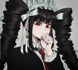 Rule 34 | 1girl, black hair, black jacket, black nails, bow, celestia ludenberg, center frills, closed mouth, collared shirt, danganronpa: trigger happy havoc, danganronpa (series), drill hair, earrings, frilled jacket, frilled shirt, frills, grey background, hair bow, hand up, jacket, jecheubo, jewelry, long hair, looking at viewer, nail polish, necktie, portrait, red eyes, red necktie, shirt, simple background, white shirt