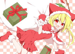 Rule 34 | 1girl, adapted costume, alternate costume, animal ear headwear, bad id, bad pixiv id, bag, blonde hair, blush, box, capelet, checkered background, dress, fake animal ears, fang, female focus, flandre scarlet, gift, gift box, gloves, hat, hat with ears, open mouth, red dress, red eyes, red footwear, red gloves, red skirt, santa costume, shoes, skirt, smile, solo, touhou, wings, yuki miya