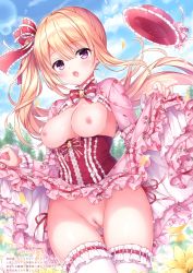Rule 34 | 1girl, :d, absurdres, blonde hair, breasts, breasts out, clitoris, clothes lift, cloud, cowboy shot, day, dress, dress lift, floating hair, flower, frilled dress, frills, gluteal fold, hair ribbon, highres, long hair, looking at viewer, medium breasts, mitsuba choco, no panties, nude filter, open mouth, original, outdoors, pink dress, purple eyes, pussy, red headwear, ribbon, scan, side ponytail, sky, smile, solo, standing, thighhighs, thighs, third-party edit, uncensored, underbust, very long hair, white thighhighs, yellow flower