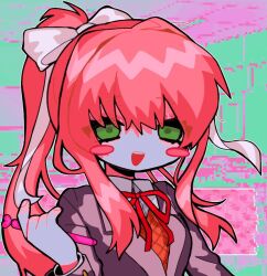 1girl :d arm_at_side blazer blush_stickers bow brown_sweater buttons collared_shirt commentary_request doki_doki_literature_club fingernails green_background green_eyes grey_jacket hair_between_eyes hair_bow hand_up high_ponytail holding holding_pen jacket kobanzame_omo layered_sleeves long_hair long_sleeves looking_at_viewer monika_(doki_doki_literature_club) neck_ribbon open_mouth orange_hair pen pink_background ponytail red_ribbon ribbon shirt sidelocks simple_background smile solo sweater teeth two-tone_background upper_body upper_teeth_only white_bow white_shirt