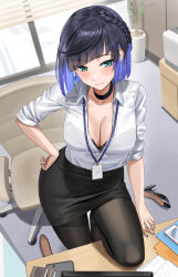 Rule 34 | 1girl, absurdres, alternate costume, bad id, bad twitter id, black bra, black choker, black pantyhose, black skirt, window blinds, blue hair, blue nails, blunt bangs, blush, bob cut, bra, bra peek, bra visible through clothes, braid, breasts, cellphone, chair, choker, cleavage, closed mouth, collared shirt, contemporary, dangle earrings, dark blue hair, day, diagonal bangs, earrings, from above, genshin impact, gradient hair, hand on own hip, high heels, highres, indoors, jewelry, lace, lace-trimmed bra, lace trim, large breasts, looking at viewer, mole, mole on breast, multicolored hair, nail polish, office, office chair, office lady, pantyhose, partially unbuttoned, pencil skirt, phone, plant, potted plant, revision, shirt, shirt tucked in, shocho, shoes, unworn shoes, short hair, skirt, smartphone, smile, solo, swivel chair, table, two-tone hair, underwear, white shirt, window, yelan (genshin impact)