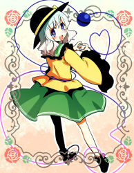 Rule 34 | 1girl, :d, blue eyes, bow, female focus, flower, from behind, gradient hair, hat, hat bow, heart, heart-shaped pupils, heart hands, heart of string, hota, komeiji koishi, looking back, multicolored hair, open mouth, rose, skirt, smile, solo, symbol-shaped pupils, third eye, touhou