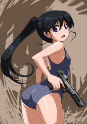 Rule 34 | 1girl, ass, bad id, bad pixiv id, black hair, blue one-piece swimsuit, blue school swimsuit, cowboy shot, desert eagle, from behind, gluteal fold, gun, handgun, holding, holding gun, holding pistol, holding weapon, long hair, looking back, one-piece swimsuit, open mouth, original, pistol, purple eyes, rohitsuka, school swimsuit, shiny skin, solo, swimsuit, trigger discipline, twintails, weapon