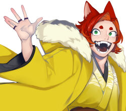 Rule 34 | 1boy, animal ears, coat, colored inner hair, fangs, fox boy, fox ears, freckles, fur-trimmed hood, fur trim, green eyes, hand up, hood, hood down, hooded coat, japanese clothes, jewelry, kimono, long sleeves, looking at viewer, male focus, multicolored hair, multiple rings, open mouth, orange hair, original, red hair, ring, short eyebrows, simple background, solo, upper body, white background, yellow coat, yellow kimono, zzb azz