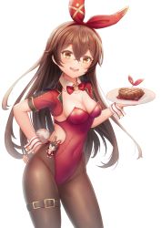 Rule 34 | 1girl, alternate costume, amber (genshin impact), animal ears, baron bunny (genshin impact), blush, breasts, brown hair, chisi, cleavage, covered navel, cowboy shot, cropped jacket, fake animal ears, fishnet pantyhose, fishnets, food, genshin impact, groin, hand on own hip, highleg, highleg leotard, highres, jacket, leotard, medium breasts, open clothes, open jacket, open mouth, outrider&#039;s champion steak! (genshin impact), pantyhose, plate, playboy bunny, rabbit ears, red jacket, red leotard, short sleeves, simple background, smile, solo, steak, white background, yellow eyes