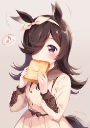 Rule 34 | 1girl, animal ears, black hair, blush, bread slice, brown background, brown dress, brown ribbon, butter, commentary request, cowboy shot, dress, ear wiggle, eating, food, food in mouth, hair over one eye, hair ribbon, hazuki (sutasuta), highres, holding, holding food, horse ears, horse girl, horse tail, long hair, long sleeves, looking at viewer, musical note, purple eyes, ribbon, rice shower (umamusume), solo, spoken musical note, tail, tail wagging, toast, umamusume