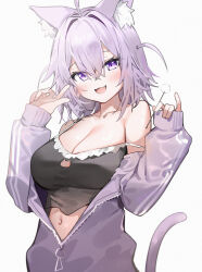 Rule 34 | 1girl, :d, ahoge, animal ears, bare shoulders, blush, breasts, cat ears, cat girl, cat tail, cleavage, commentary request, hands up, highres, hololive, jacket, large breasts, long sleeves, looking at viewer, medium hair, mimikaki, navel, nekomata okayu, nekomata okayu (membership), off shoulder, open mouth, purple eyes, purple hair, purple jacket, silver (chenwen), simple background, smile, solo, tail, virtual youtuber, white background