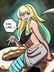 Rule 34 | arms behind back, blonde hair, blush, breasts, english text, fire emblem, fire emblem heroes, fjorm (fire emblem), gradient hair, green eyes, green hair, highres, lamia, large breasts, long hair, mnejing30, monster girl, multicolored hair, nail polish, nintendo, sarong, scales, sleeveless, smile, very long hair