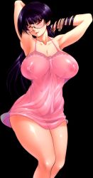 Rule 34 | 1girl, andou hiroyuki, andou hiroyuki, armpits, arms up, breasts, covered erect nipples, curvy, glasses, hip focus, huge breasts, naughty face, nightgown, purple hair, red eyes, roberta (black lagoon), see-through, solo, transparent background, wide hips
