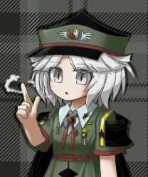 Rule 34 | androgynous, black cape, cape, commentary request, dress, finger gun, fujiwara no shirogane no sanra, green background, green dress, green hat, grey eyes, hat, len&#039;en, medal, medium hair, no nose, open mouth, other focus, plaid, plaid background, shirt, short sleeves, slit pupils, solo, websci 3357, white hair, white shirt, yin yang