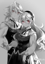 Rule 34 | 1boy, 1girl, alternate costume, bad id, bad twitter id, closed mouth, corrin (female) (fire emblem), corrin (fire emblem), corrin (male) (fire emblem), corrin (male) (fire emblem), dress, fire emblem, fire emblem fates, formal, grey background, greyscale, hair ornament, hairband, holding hands, long hair, long sleeves, monochrome, negiwo, nintendo, pointy ears, red eyes, short hair, simple background, spot color, twitter username