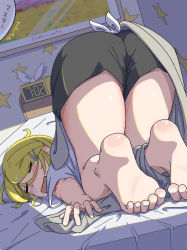 Rule 34 | 1girl, = =, alarm clock, ass, ass focus, barefoot, bed, black shorts, blanket, blonde hair, blush, clock, drawing (object), drooling, from behind, hair ornament, hairclip, kagamine rin, lying, messy hair, messy sleeper, nose bubble, number tattoo, on bed, on stomach, open mouth, picture frame, shorts, shoulder tattoo, single stripe, sleeping, smile, soles, solo, star (symbol), star print, starry background, tattoo, thighs, toe scrunch, toes, top-down bottom-up, vocaloid, yukichi (yu-ame)