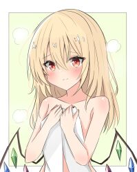 Rule 34 | 1girl, alternate hairstyle, blonde hair, blush, border, closed mouth, crystal, flandre scarlet, green background, hair between eyes, highres, medium hair, naked towel, nono54558, red eyes, simple background, solo, steam, touhou, towel, upper body, white border, wings