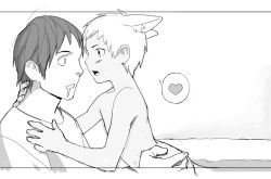 Rule 34 | 2boys, after kiss, age difference, animal ears, blush, cat boy, cat ears, cat tail, clothed male nude male, draugnut, greyscale, heart, highres, male focus, monochrome, multiple boys, nude, onii-shota, open mouth, original, saliva, short hair, spoken heart, tail, yaoi