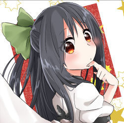 Rule 34 | 1girl, abe suke, black hair, bow, brown eyes, finger to own chin, from side, green bow, hair bow, long hair, looking at viewer, lowres, reiuji utsuho, short sleeves, solo, touhou, upper body