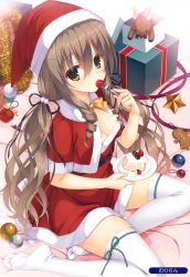 Rule 34 | 1girl, absurdres, bauble, blush, breasts, brown eyes, brown hair, cake, capelet, christmas ornaments, cleavage, curly hair, dress, drill hair, eating, food, fork, fruit, fur trim, gingerbread man, hair between eyes, hair ornament, hairclip, hat, highres, long hair, looking at viewer, low twintails, melonbooks, mouth hold, muririn, red dress, santa hat, scan, sidelocks, sitting, solo, strawberry, thighhighs, twin drills, twintails, white thighhighs, yokozuwari