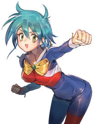 Rule 34 | 1girl, :d, allenby beardsley, blue bodysuit, blue hair, bodysuit, bow, breasts, clenched hands, g gundam, green eyes, gundam, highres, impossible bodysuit, impossible clothes, leaning forward, looking at viewer, medium breasts, mobile trace suit, multicolored bodysuit, multicolored clothes, open mouth, red bodysuit, short hair, skin tight, smile, solo, tanakalma, white background, yellow bow