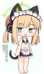 Rule 34 | 1girl, absurdres, animal ear headphones, animal ears, apron, bare arms, bare shoulders, barefoot, bikini, bikini top only, black bikini, black skirt, blonde hair, blue archive, blue bow, blush, bow, chibi, collarbone, commentary request, fake animal ears, full body, green eyes, hair bow, halo, hana kazari, headphones, highres, looking at viewer, midori (blue archive), midori (maid) (blue archive), navel, open mouth, simple background, skirt, solo, standing, swimsuit, translation request, twintails, waist apron, wavy mouth, white apron, white background