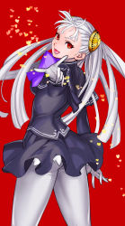 Rule 34 | 1girl, alternate color, ass, capcom fighting jam, gloves, grey pantyhose, hairpods, heart, highres, ingrid (capcom), long hair, looking at viewer, looking back, pantyhose, pointing, pointing at viewer, red eyes, silver hair, skirt, skirt set, smile, solo, tetsu (kimuchi), toned