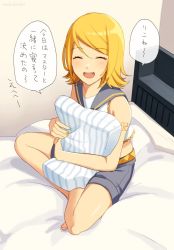 Rule 34 | 1girl, bed, belt, blanket, blonde hair, blush, closed eyes, crop top, fang, japanese text, kagamine rin, looking at viewer, nail polish, nokuhashi, on bed, parted hair, pillow, sailor collar, shorts, sitting, smile, tagme, toes, translation request, vocaloid
