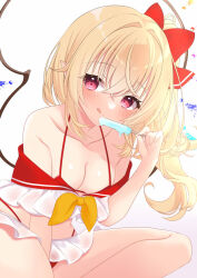 Rule 34 | 1girl, between legs, bikini, bikini skirt, blonde hair, bow, breasts, crystal, flandre scarlet, food, frilled bikini, frills, hand between legs, long hair, looking at viewer, medium breasts, popsicle, red bikini, red eyes, side ponytail, smile, swimsuit, tongue, tongue out, tosakaoil, touhou, wings, yellow bow