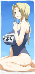 Rule 34 | 1girl, barefoot, blue background, blue one-piece swimsuit, breasts, clothes writing, huge breasts, large breasts, long image, name tag, naruto, naruto (series), nora higuma, one-piece swimsuit, ponytail, school swimsuit, solo, swimsuit, tall image, tsunade (naruto)