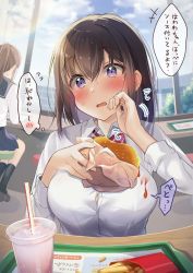 Rule 34 | 2girls, black hair, black sailor collar, black skirt, blush, breasts, brown hair, burger, collared shirt, commentary request, cup, day, disposable cup, dress shirt, drinking straw, earrings, facing away, fast food, food, food on clothes, food on face, french fries, hair between eyes, heart, highres, holding, holding food, indoors, jewelry, ketchup, long hair, medium breasts, multiple girls, open mouth, original, pleated skirt, ponytail, purple eyes, sailor collar, school uniform, serafuku, shiro kuma shake, shirt, skirt, solo focus, stool, translation request, wavy hair, white shirt, window