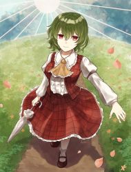 Rule 34 | 1girl, antennae, ascot, bobby socks, breasts, brown footwear, closed umbrella, collared shirt, commentary request, flower, frilled shirt collar, frilled skirt, frills, green hair, highres, kazami yuuka, koto (shiberia39), long skirt, long sleeves, looking at viewer, mary janes, medium breasts, open clothes, open vest, parasol, plaid, plaid skirt, plaid vest, red eyes, red skirt, red vest, shirt, shoes, short hair, skirt, skirt set, smile, socks, solo, standing, touhou, umbrella, vest, wavy hair, white shirt, yellow ascot