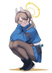 Rule 34 | 1girl, animal ears, black footwear, black pantyhose, blue archive, blue skirt, blue sweater, boots, brown hair, fake animal ears, glasses, grin, halo, highres, long hair, long sleeves, moe (blue archive), pantyhose, pleated skirt, projectorzero, rabbit ears, round eyewear, simple background, skirt, smile, solo, squatting, sweater, twintails, white background, yellow eyes, yellow halo