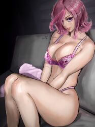 Rule 34 | 1girl, absurdres, artist name, bare legs, between legs, bra, breasts, couch, hair over one eye, hand between legs, highleg, highleg panties, highres, knees up, large breasts, looking at viewer, navel, on couch, one piece, panties, pink bra, pink hair, pink panties, purple eyes, red lips, shiny skin, short hair, sitting, smile, solo, stupidtako, thighs, thong, underwear, underwear only, vinsmoke reiju, wide hips