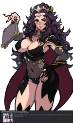 Rule 34 | 1girl, black hair, black panties, book, breasts, cape, cleavage, fire emblem, fire emblem fates, hand on own hip, highres, holding, holding book, large breasts, lips, looking at viewer, messy hair, mouth veil, nail polish, navel, nintendo, nyx (fire emblem), aged up, panties, red eyes, red nails, see-through, smile, solo, underwear, veil, wahae