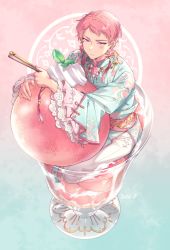 Rule 34 | 1boy, aqua background, aqua robe, blush, changpao, chinese clothes, circus66, closed mouth, commentary, cream, cup, dated, earrings, ensemble stars!, floral print, flower, flower earrings, flower necklace, folded fan, folding fan, food, frilled sleeves, frills, fruit, gold necklace, gradient background, hand fan, holding, holding fan, in container, in cup, itsuki shu, jewelry, lace-trimmed sleeves, lace trim, looking at viewer, male focus, necklace, hugging object, pants, parfait, peach, pink background, pink hair, pink sash, purple eyes, sash, short hair, sitting, solo, symbol-only commentary, tassel, tassel earrings, white pants, wide sleeves