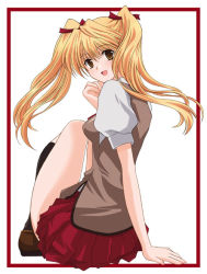 Rule 34 | 00s, 1girl, arm support, blonde hair, blush, border, brown eyes, happy, loafers, long hair, looking at viewer, looking back, non-web source, on floor, puffy short sleeves, puffy sleeves, sawachika eri, school rumble, school uniform, shoes, short sleeves, simple background, sitting, smile, socks, solo, twintails, white background