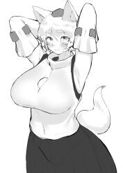 Rule 34 | 1girl, absurdres, animal ear fluff, animal ears, armpits, arms behind head, bare shoulders, black skirt, breasts, closed mouth, cowboy shot, highres, inubashiri momiji, large breasts, looking at viewer, monochrome, ribbon-trimmed sleeves, ribbon trim, shirt, simple background, skirt, solo, tail, take (take143000), thick eyebrows, touhou, white background, white hair, white shirt, white sleeves, wolf ears, wolf girl, wolf tail