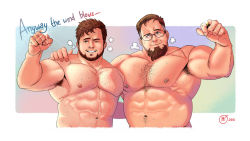 Rule 34 | 2boys, abs, armpit hair, armpits, bara, beard, chest hair, commentary, couple, cropped torso, english commentary, english text, facial hair, grey hair, highres, husband and husband, jewelry, large pectorals, male focus, mature male, multicolored hair, multiple boys, muscular, muscular male, navel, navel hair, nipple piercing, nipples, nude, one eye closed, original, pectorals, piercing, ring, short hair, smile, stomach, sweat, topi (topi5356), two-tone hair, wedding ring, yaoi