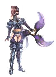 Rule 34 | 1girl, armored boots, bare shoulders, boots, bow (bhp), breasts, brown hair, clothing request, collarbone, covered mouth, crotchless, fishnets, full body, fundoshi, hair over one eye, high ponytail, holding, japanese clothes, large breasts, long hair, looking at viewer, obi, original, ponytail, sash, simple background, solo, standing, swept bangs, very long hair, weapon, weapon request, white background, wrists extended